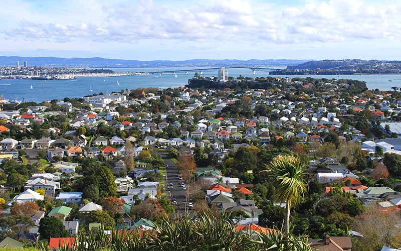 View of Auckland and harbour bridge from top of Mount Victoria in Devonport