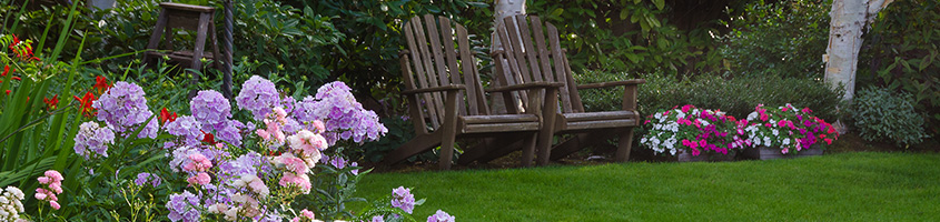 Photo of a garden with flowers, green bushes and two wooden chairs