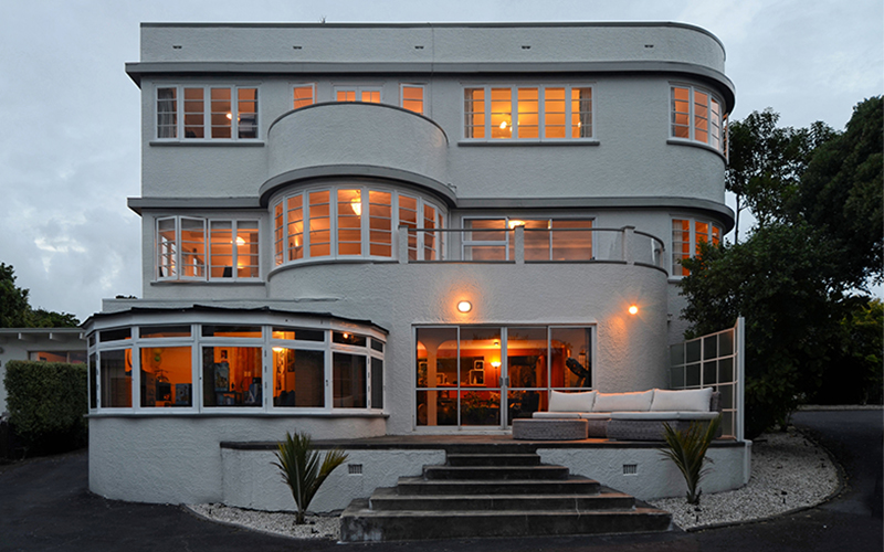 Exterior of a large art deco house in Meadowbank