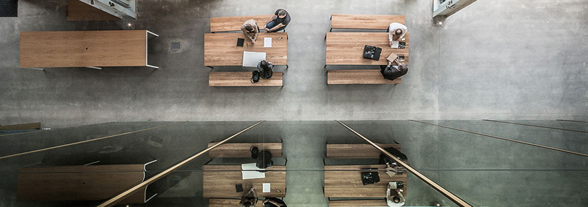 Birds eye view of people working in a casual workspace